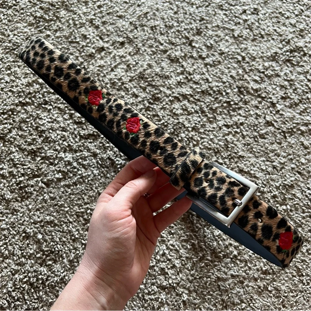 Leopard Print Belt with Red Rose Embroidery - Women Accessories